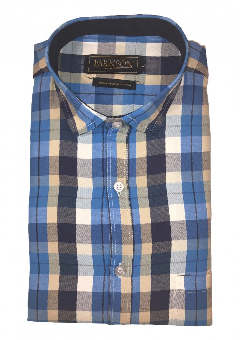 Parkson - Ble03Blue - Casual Semi Formal Checks Shirts Premium Blended Cotton WRINKLE FREE