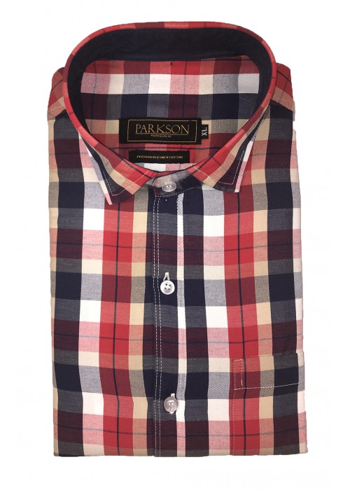 Parkson - Ble03Red - Casual Semi Formal Checks Shirts Premium Blended Cotton WRINKLE FREE