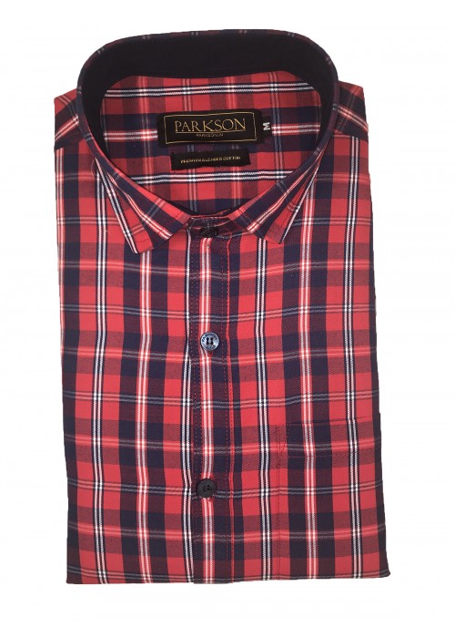 Parkson - Ble07Red - Casual Semi Formal Checks Shirts Premium Blended Cotton WRINKLE FREE