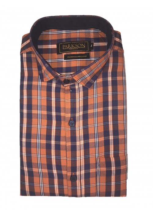 Parkson - Ble07Rust - Casual Semi Formal Checks Shirts Premium Blended Cotton WRINKLE FREE
