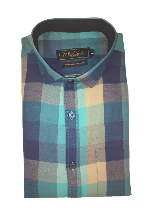Parkson - Ble09Green - Casual Semi Formal Checks Shirts Premium Blended Cotton WRINKLE FREE