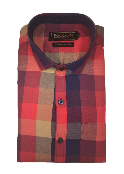 Parkson - Ble09Red - Casual Semi Formal Checks Shirts Premium Blended Cotton WRINKLE FREE