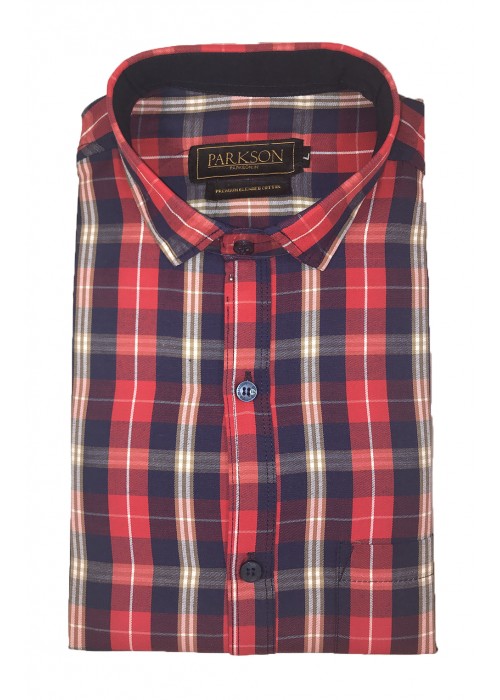 Parkson - Ble10Red - Casual Semi Formal Checks Shirts Premium Blended Cotton WRINKLE FREE