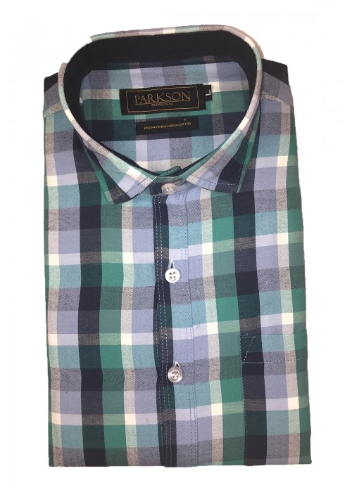 Parkson - Ble12Green - Casual Semi Formal Checks Shirts Premium Blended Cotton WRINKLE FREE