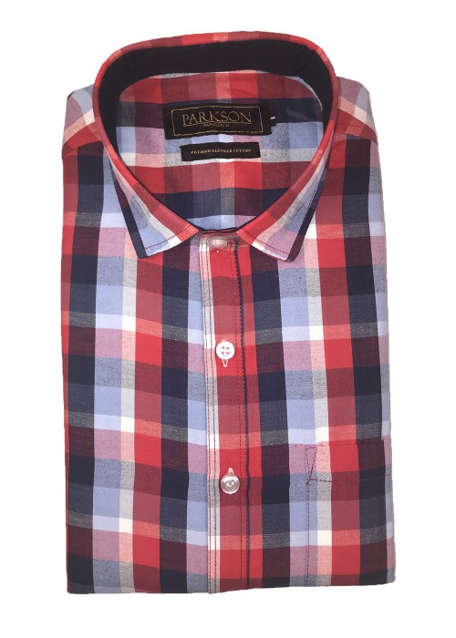 Parkson - Ble12Red - Casual Semi Formal Checks Shirts Premium Blended Cotton WRINKLE FREE