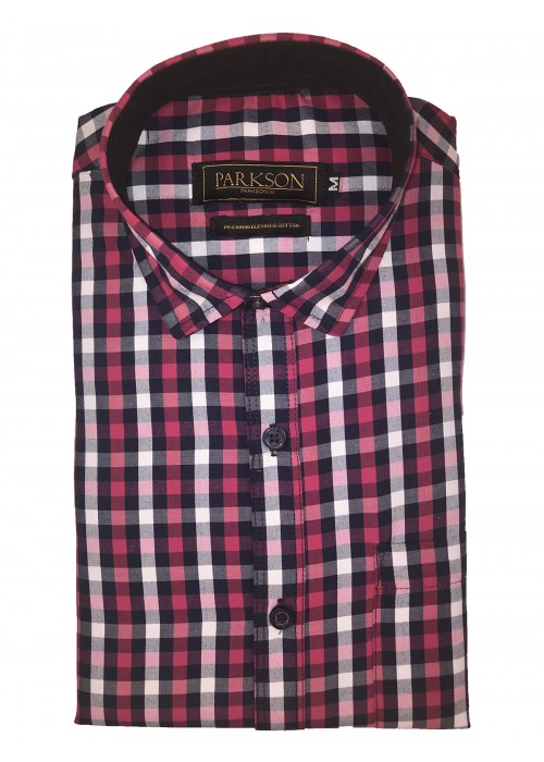 Parkson - Ble14Red - Casual Semi Formal Checks Shirts Premium Blended Cotton WRINKLE FREE