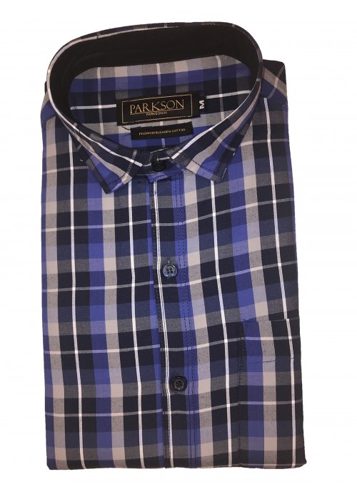 Parkson - Ble21Blue - Casual Semi Formal Checks Shirts Premium Blended Cotton WRINKLE FREE