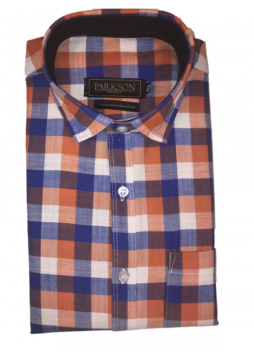 Parkson - Ble24Rust - Casual Semi Formal Checks Shirts Premium Blended Cotton WRINKLE FREE