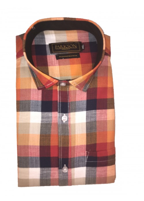Parkson - Ble29Orange - Casual Semi Formal Checks Shirts Premium Blended Cotton WRINKLE FREE