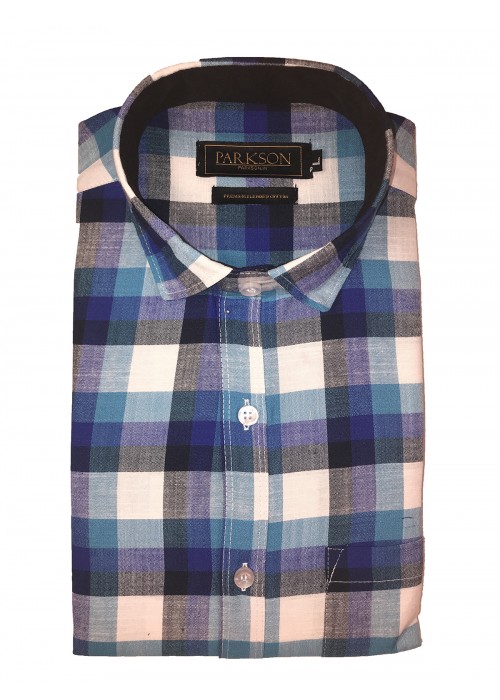 Parkson - Ble33Blue - Casual Semi Formal Checks Shirts Premium Blended Cotton WRINKLE FREE